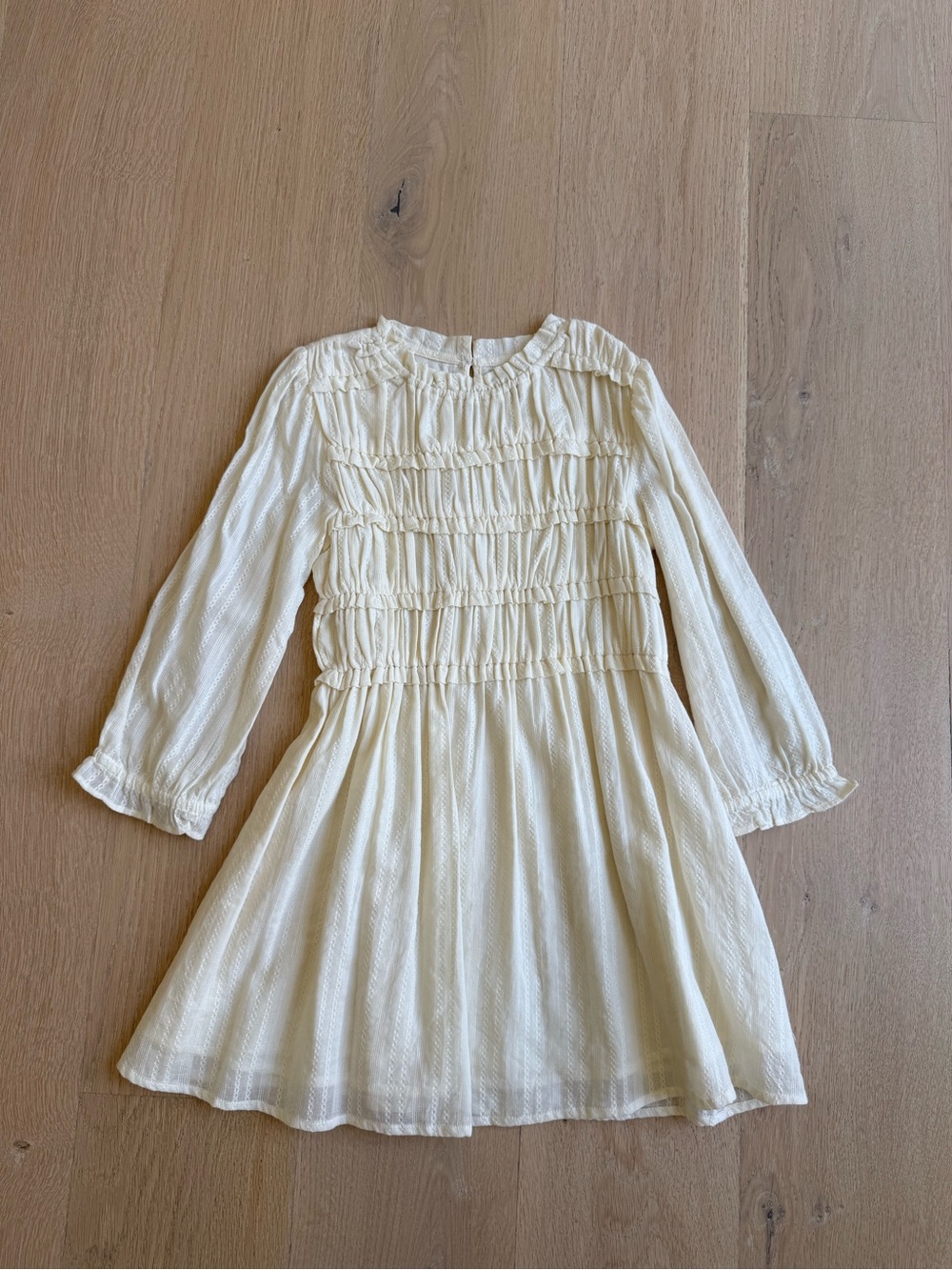 Girls' Cream Smocked Long-Sleeve Casual Dress